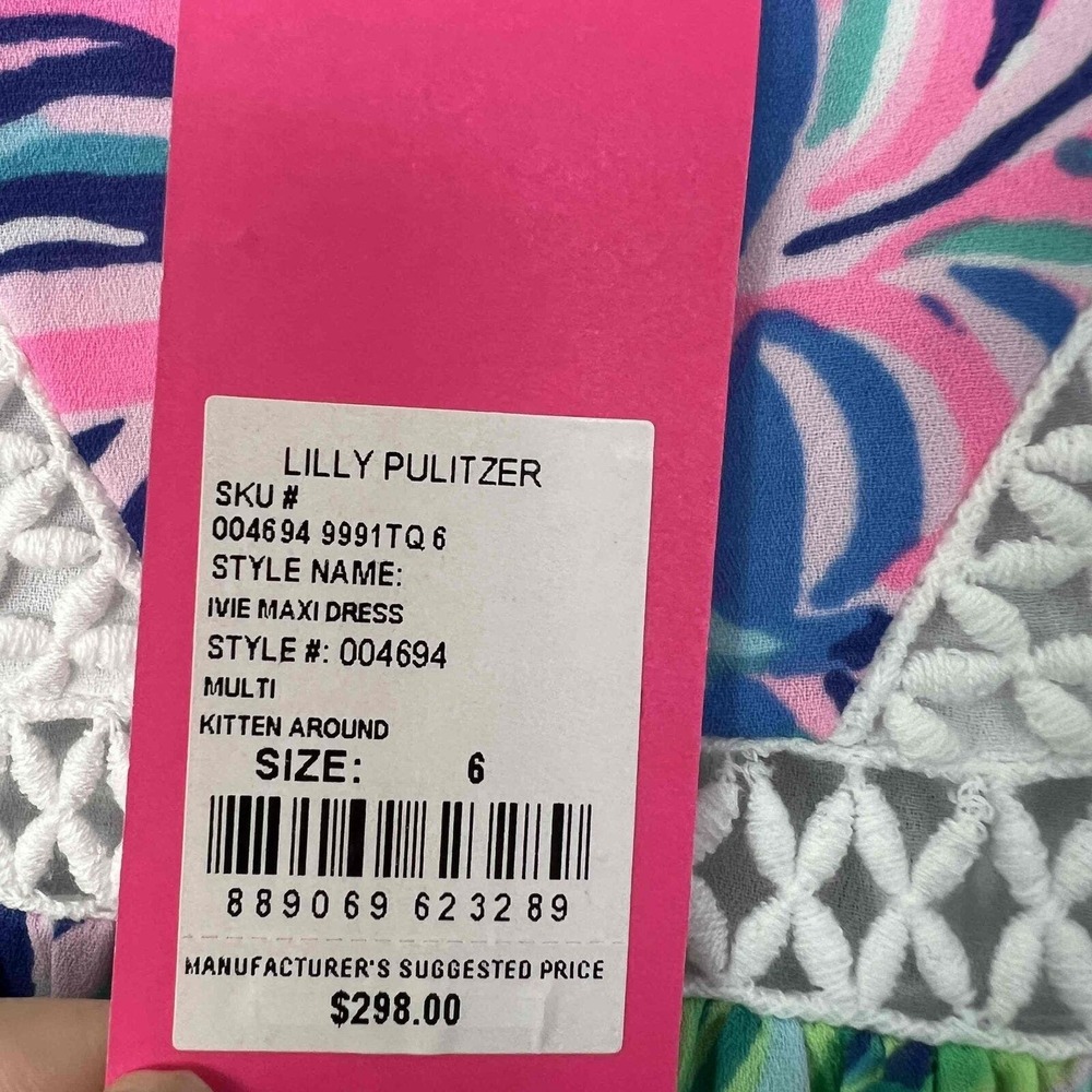 Lilly Pulitzer 6 Ivie Maxi Dress Kitten Around Fit & Flare Flutter Sleeve Lace - Picture 9 of 12